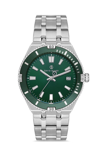 DAVID GUNER Takvimli Gümüş Kaplamalı Yeşil Kadranlı Erkek Kol Saati - DG-8418GA-A10