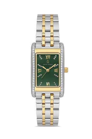 DAVID GUNER Taşlı Sarı Gümüş Kaplamalı Yeşil Kadranlı Kadın Kol Saati - DG-8663LA-D10