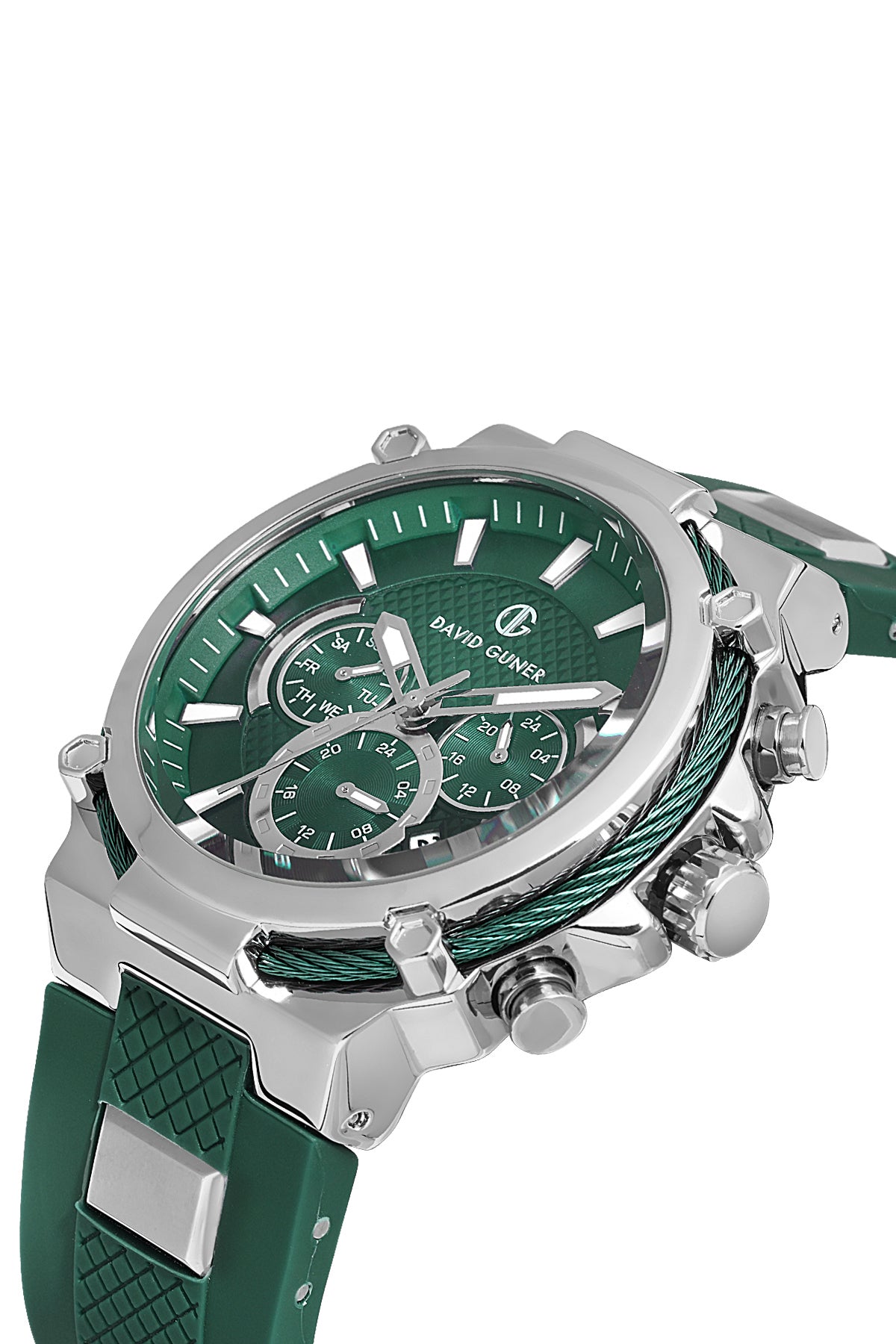 DAVID GUNER Yeşil Silikon Kordonlu Yeşil Kadranlı Gümüş Kaplamalı Multi Fonksiyonlu Erkek Kol Saati - DG-8270GD-ZM10
