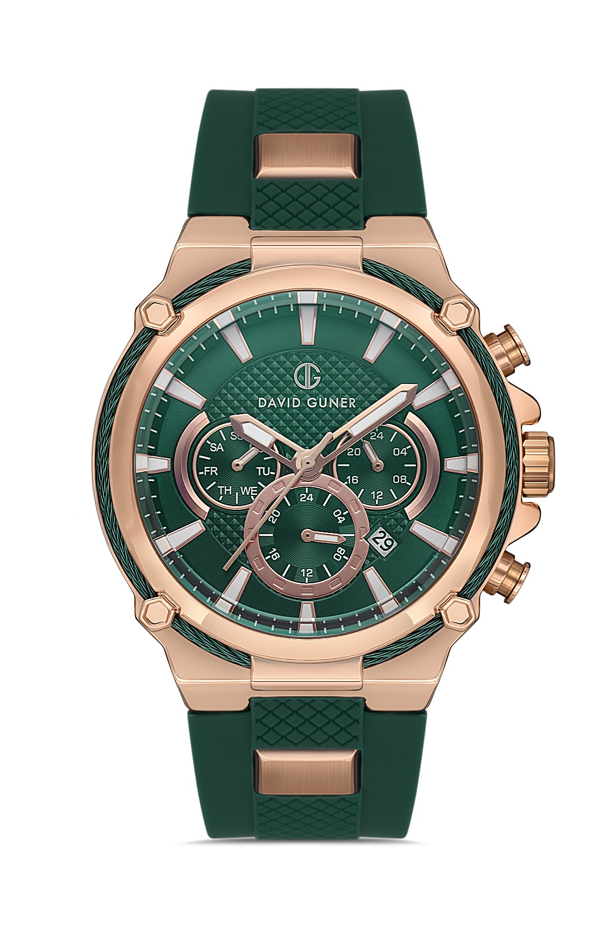 DAVID GUNER Yeşil Silikon Kordonlu Yeşil Kadranlı Rose Kaplamalı Multi Fonksiyonlu Erkek Kol Saati - DG-8270GD-ZG10